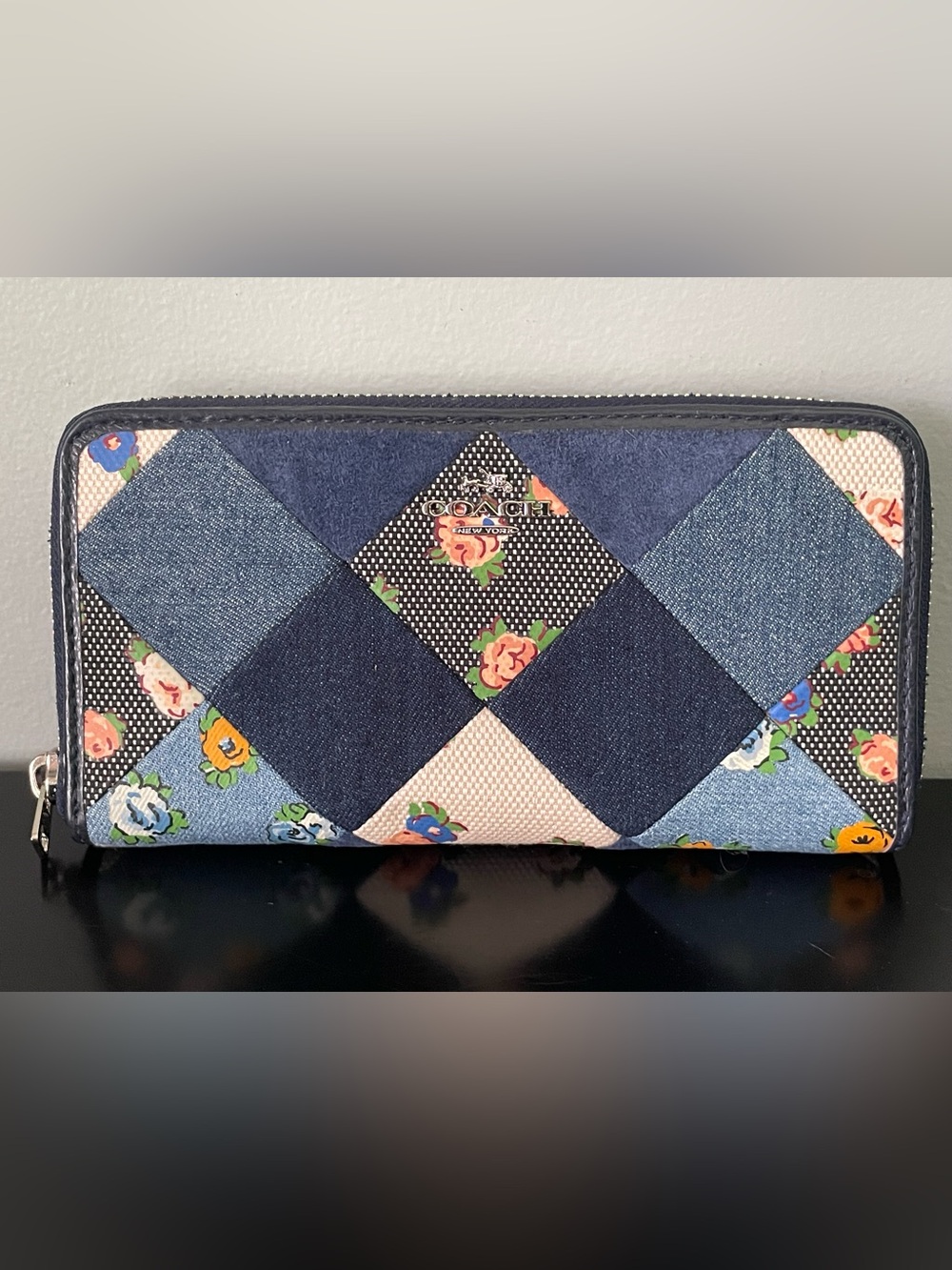 COACH Tea Rose Patchwork Floral Accordion Long Wallet Blue Leather/ Denim/ Suede